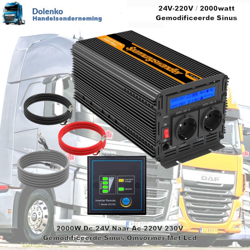 (24v) Omvormer 24v DC naar 220v AC - 2000w Gemodificeerde Sinus - LCD