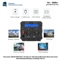 (12v) Omvormer 12v DC naar 220 AC - 2000w Gemodificeerde Sinus