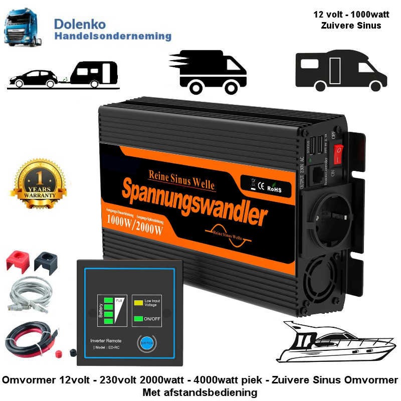 (12v) inverter 12v to 220 – 230v - 1000w - Clear Sinus